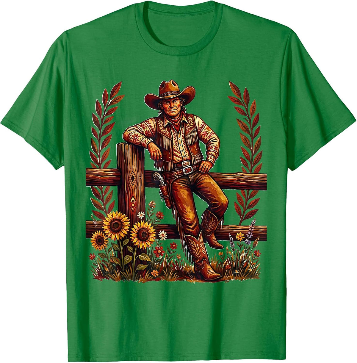 Men's Cowgirl Leaning on Fence Post Illustration T-Shirt - Kelly Green
