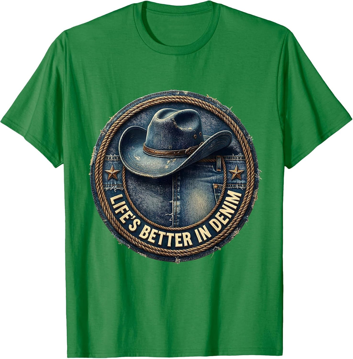 Men's Life's Better In Denim Cowgirl Design T-Shirt - Kelly Green