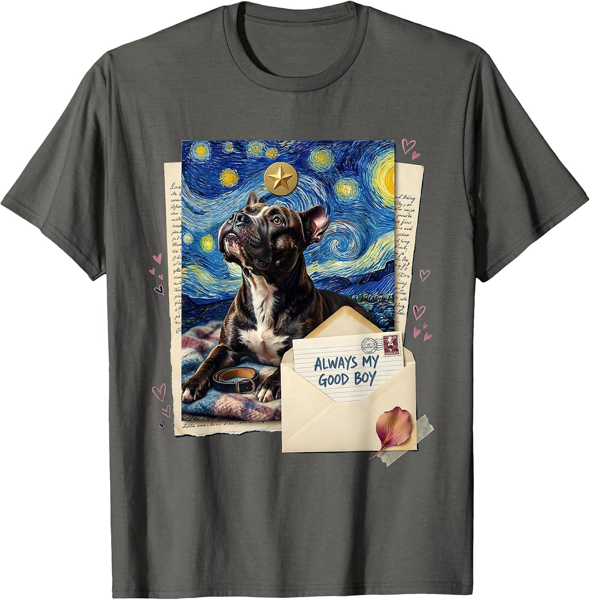 Always My Good Boy Pitbull Van Gogh Starry Night Art Tribute T-Shirt - Asphalt Grey