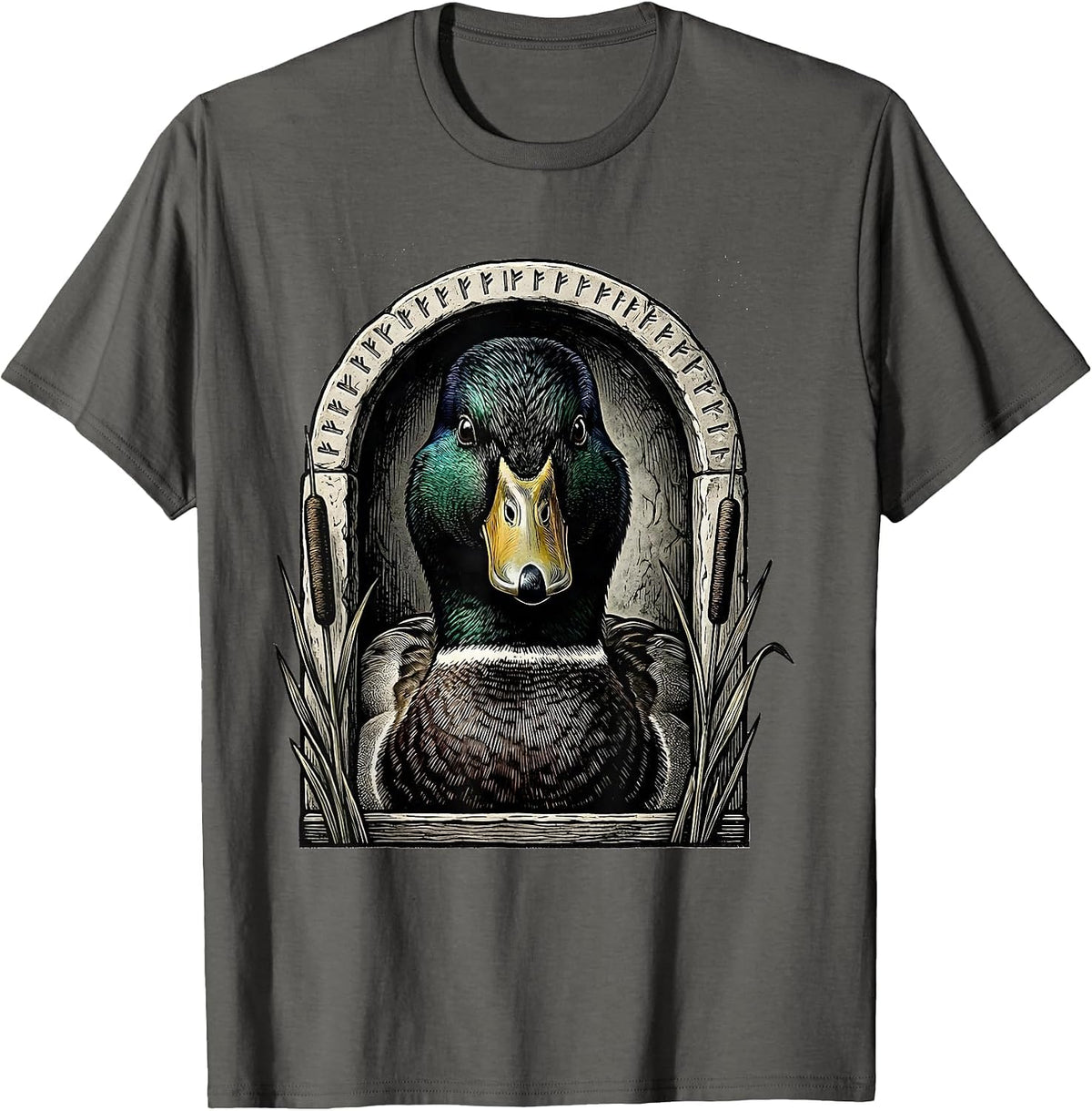Mallard Drake Bust Duck Hunting Camo Wildlife Engraving T-Shirt - Asphalt Grey