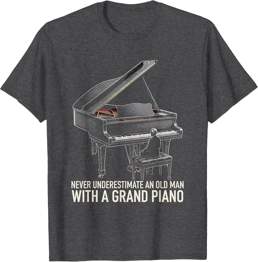 Men's Never Underestimate An Old Man With A Grand Piano Pianist T-Shirt - Dark Heather Grey