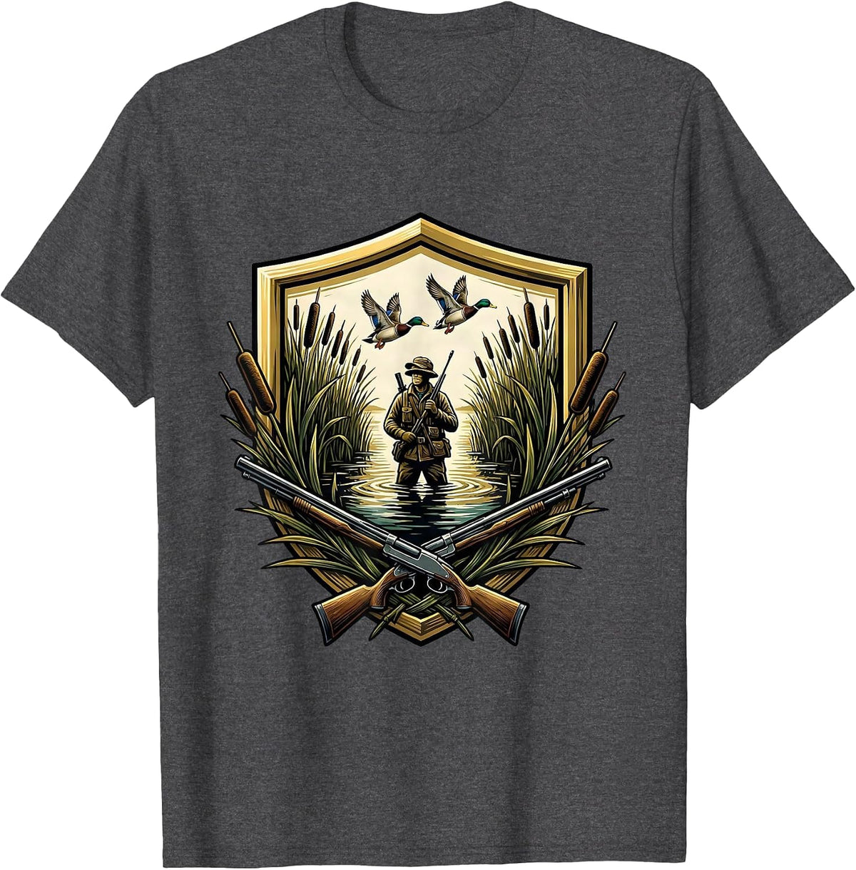 Duck Hunter Hidden in Tall Marsh Reeds Illustration T-Shirt - Dark Heather Grey