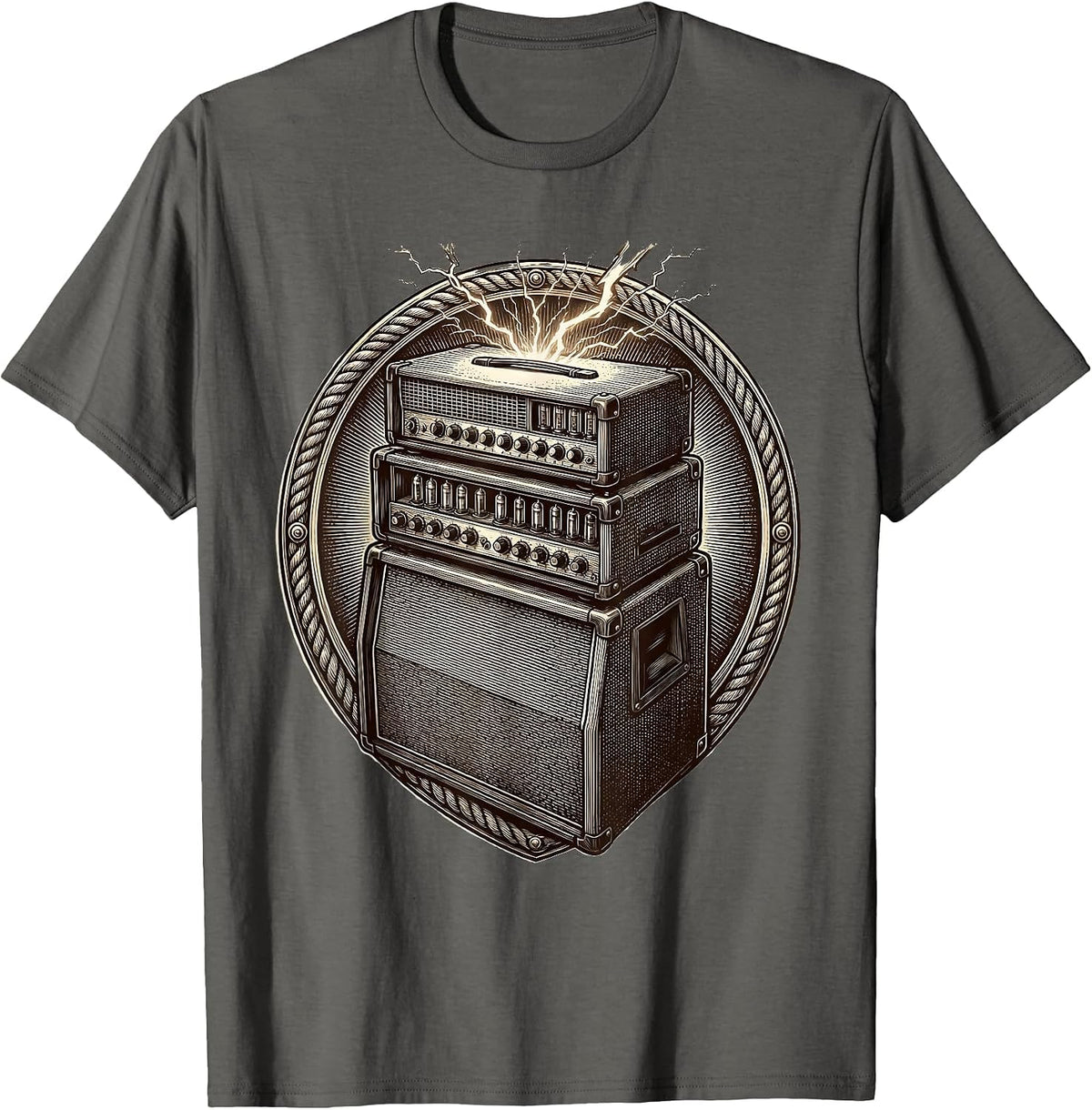 Vintage Stacked Amp Tower Rock Guitar Graphic T-Shirt - Asphalt Grey