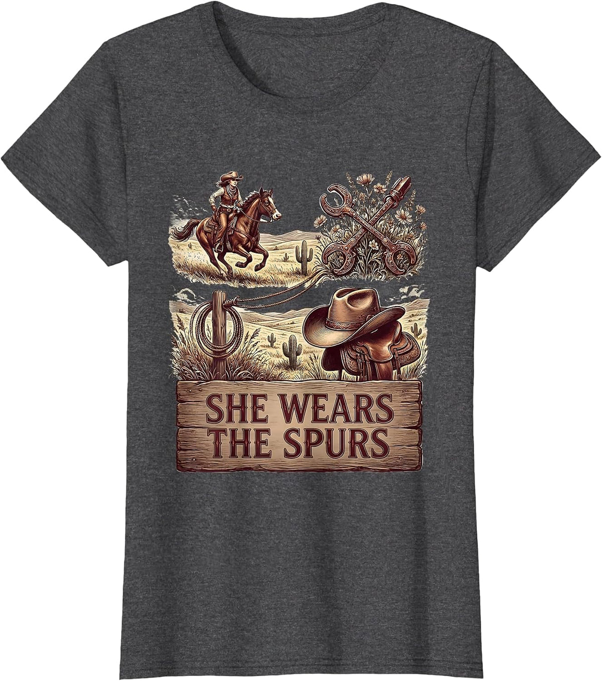 Women's She Wears The Spurs Cowgirl Graphic Design T-Shirt - Dark Heather Grey