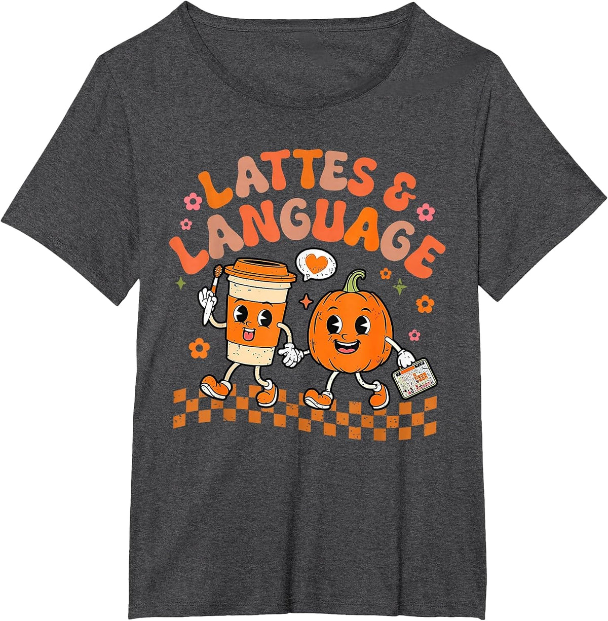Groovy Speech Therapy Autumn Pumpkin Lattes Tee and Language T-Shirt - Dark Heather Grey