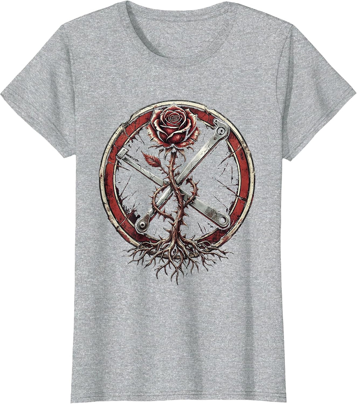 Rose and Whammy Bar 80s Rock Graphic T-Shirt - Heather Grey