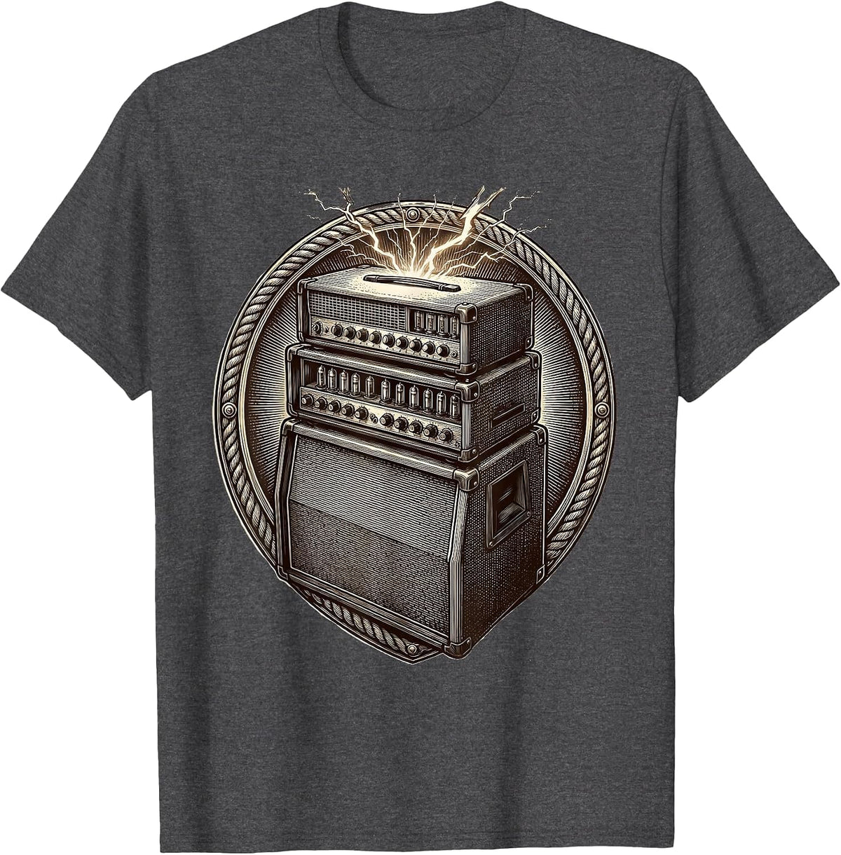 Vintage Stacked Amp Tower Rock Guitar Graphic T-Shirt - Dark Heather Grey