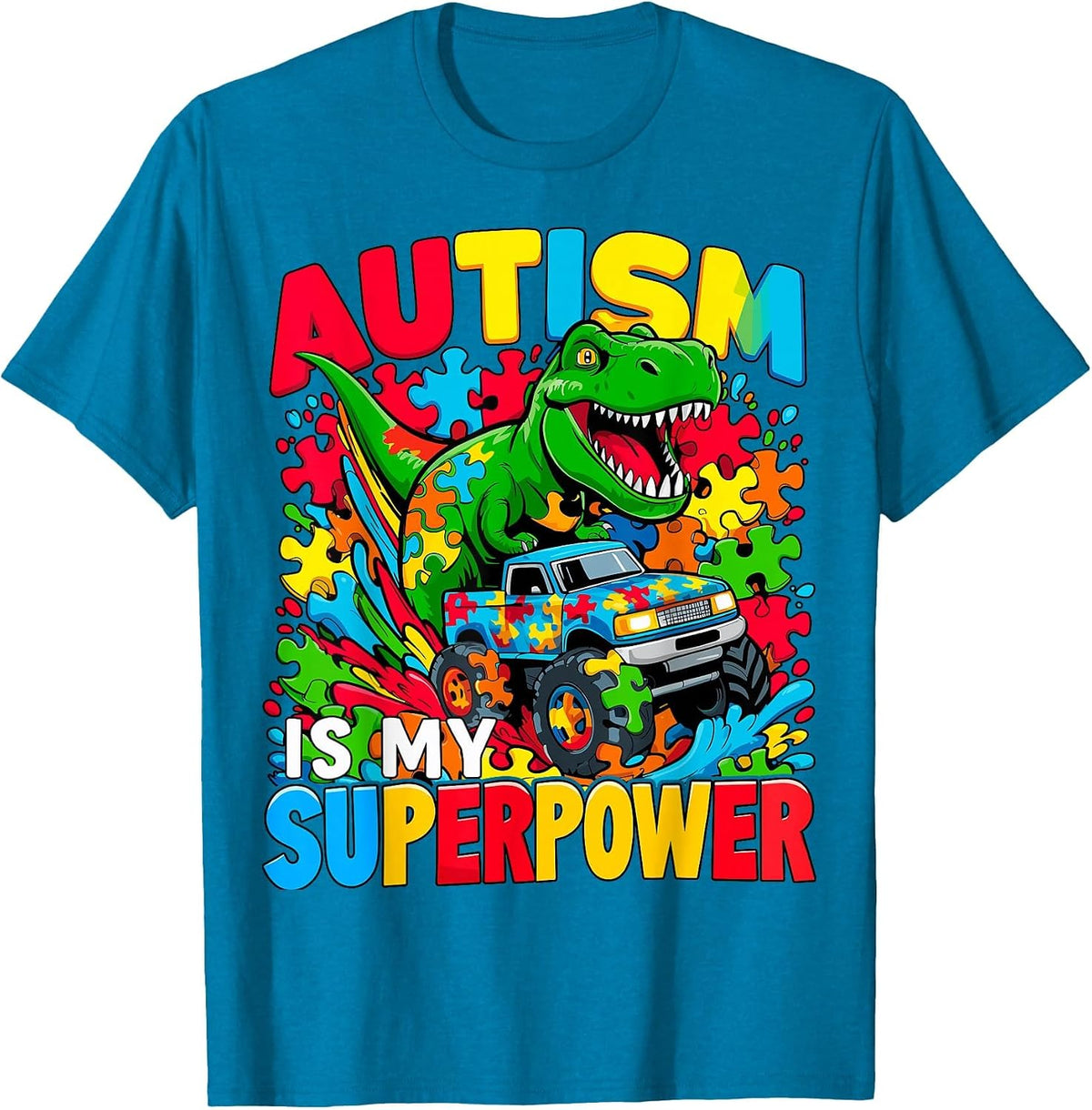 Autism is My Superpower Dino Boys Monster Truck T-Shirt - Sapphire Blue