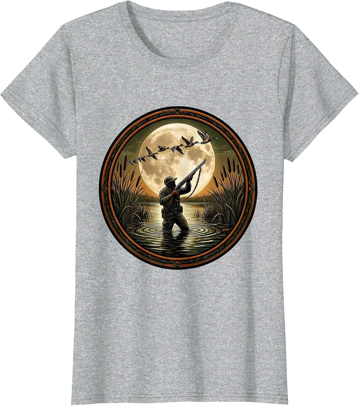 Duck Hunter Silhouette Marsh Reeds Hunting Design T-Shirt - Heather Grey