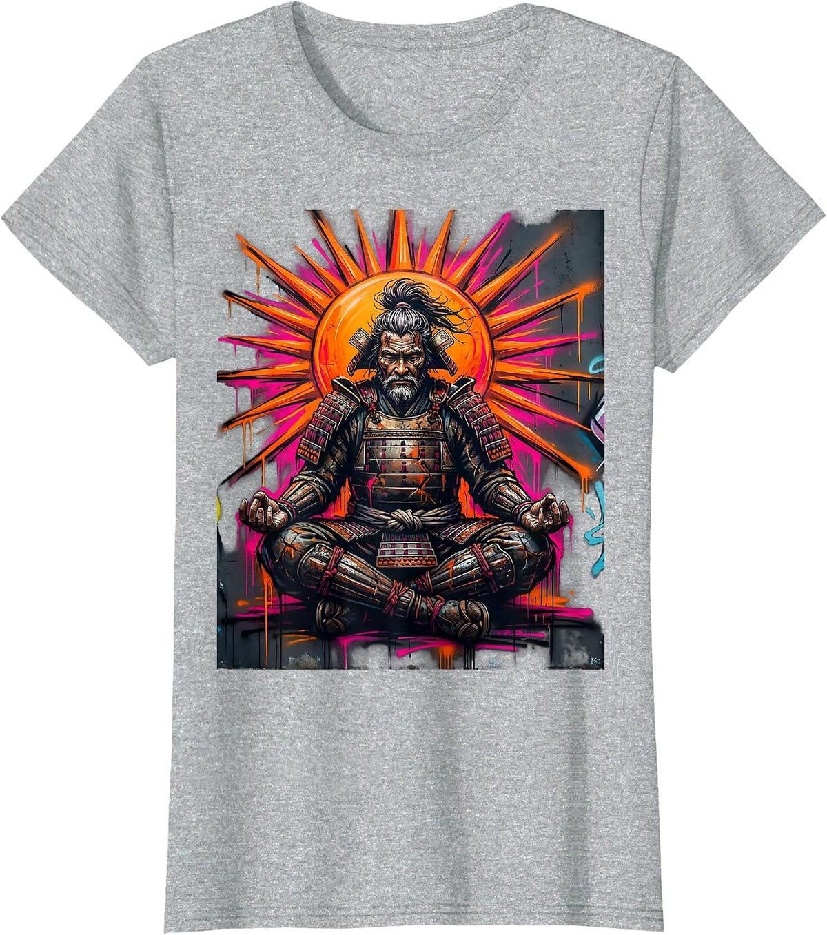 Aged Samurai Warrior Meditating at Sunrise T-Shirt - Heather Grey