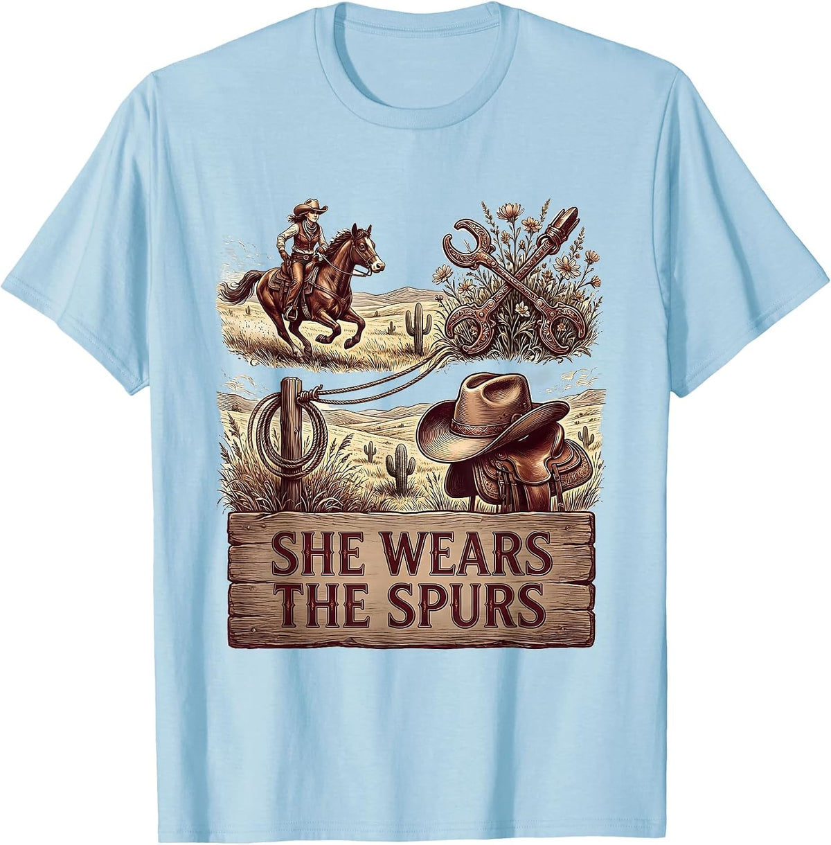 Men's She Wears The Spurs Cowgirl Graphic Design T-Shirt - Baby Blue