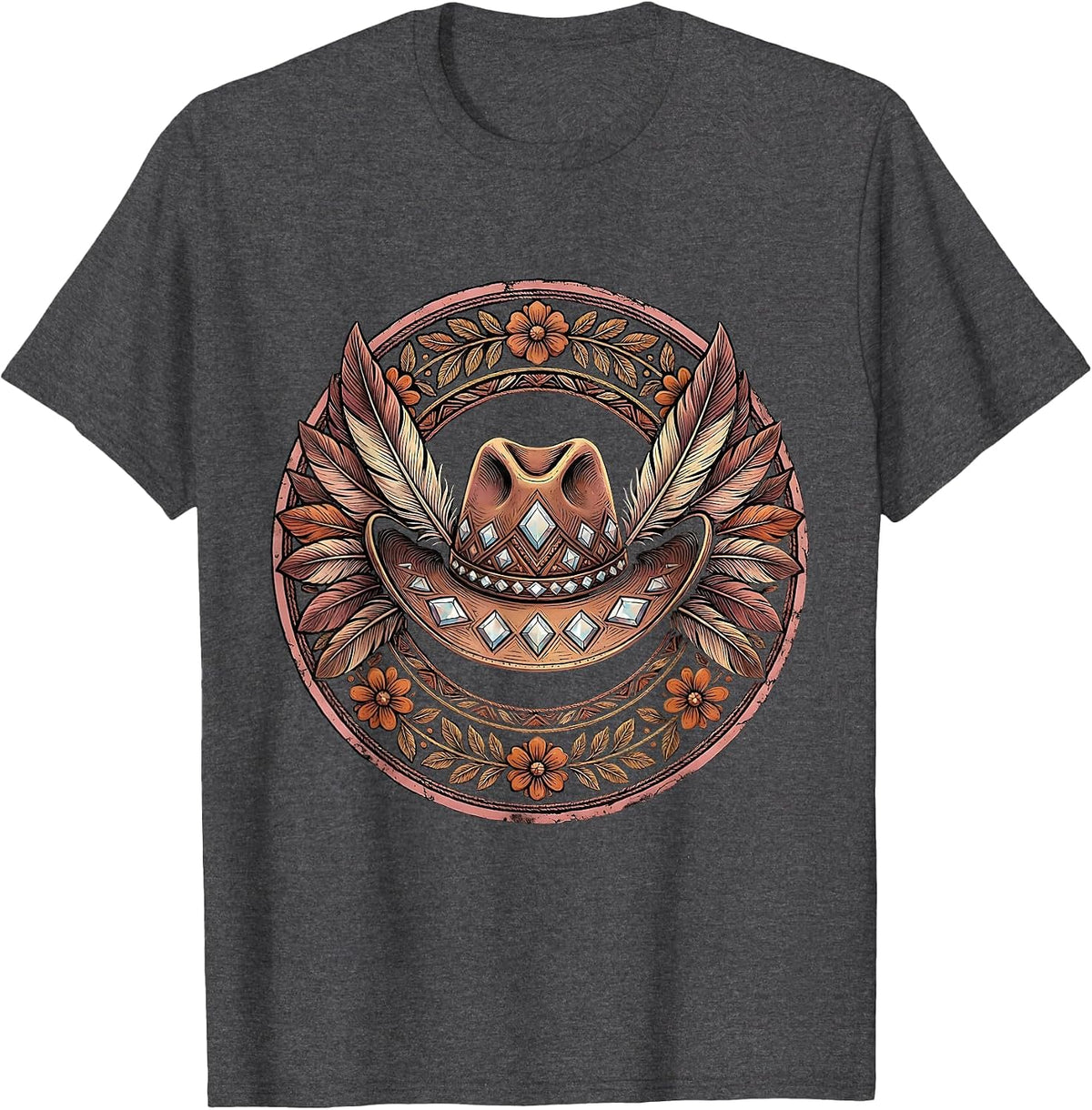 Men's Pink Cowboy Rhinestone Hat with Flamingo Feathers T-Shirt - Dark Heather Grey