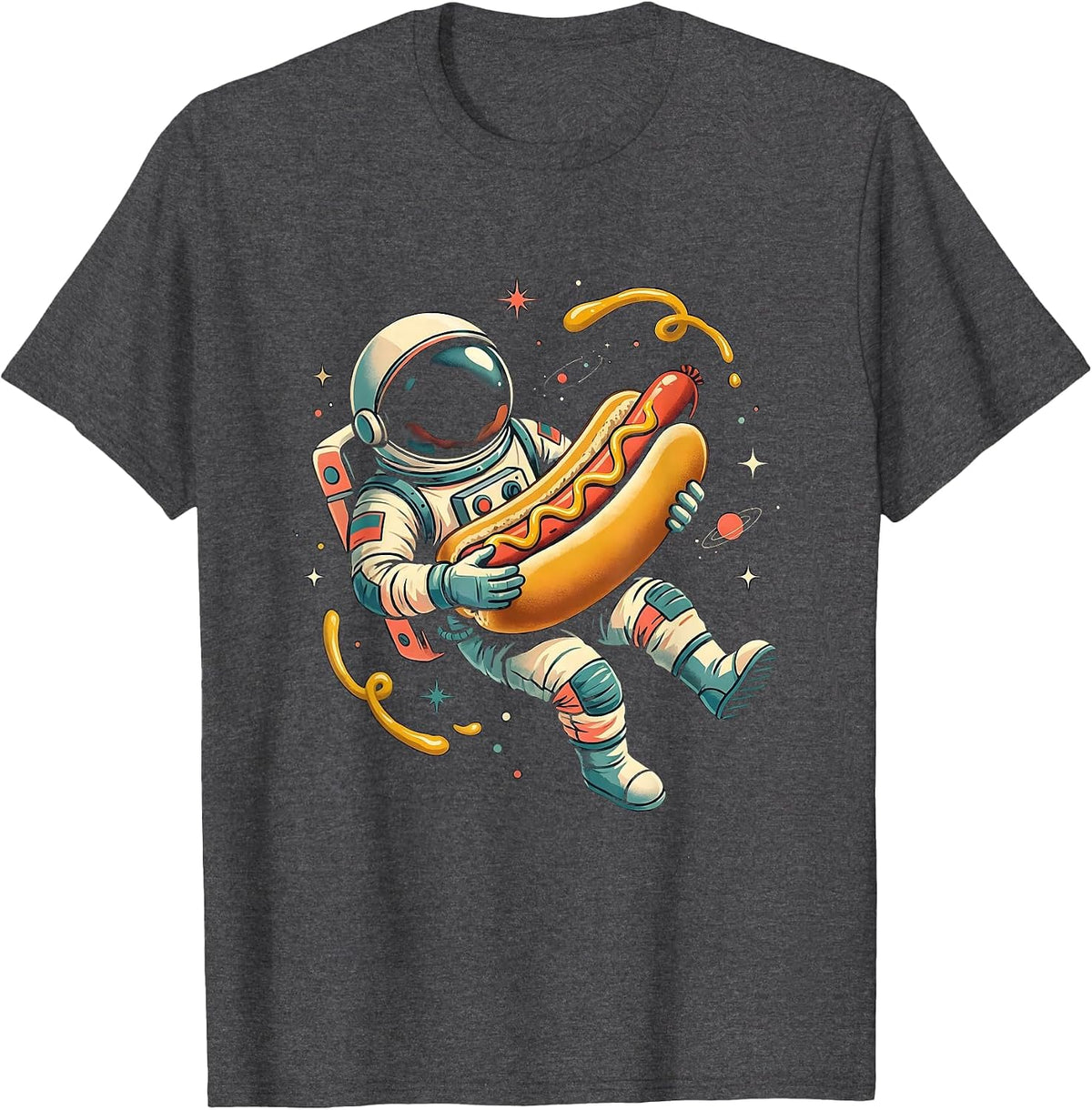 Astronaut Hot Dog Zero Gravity Space Illustration T-Shirt - Dark Heather Grey