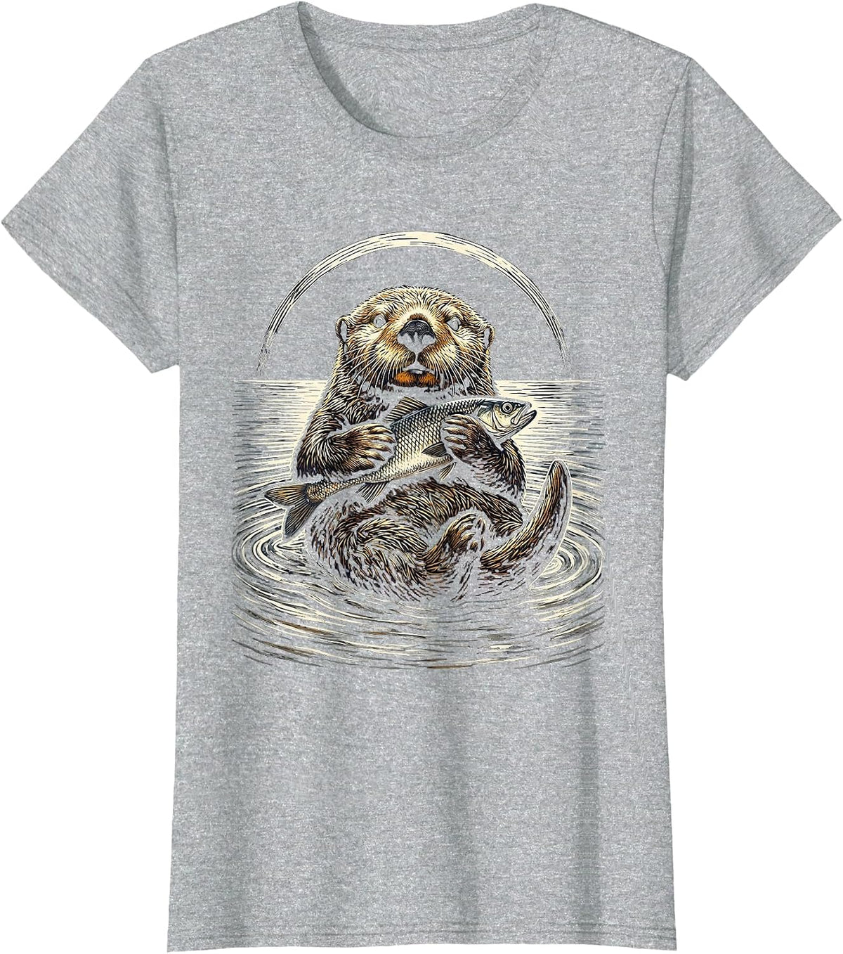 Otter Floating On Back Holding Fish Illustration T-Shirt - Heather Grey