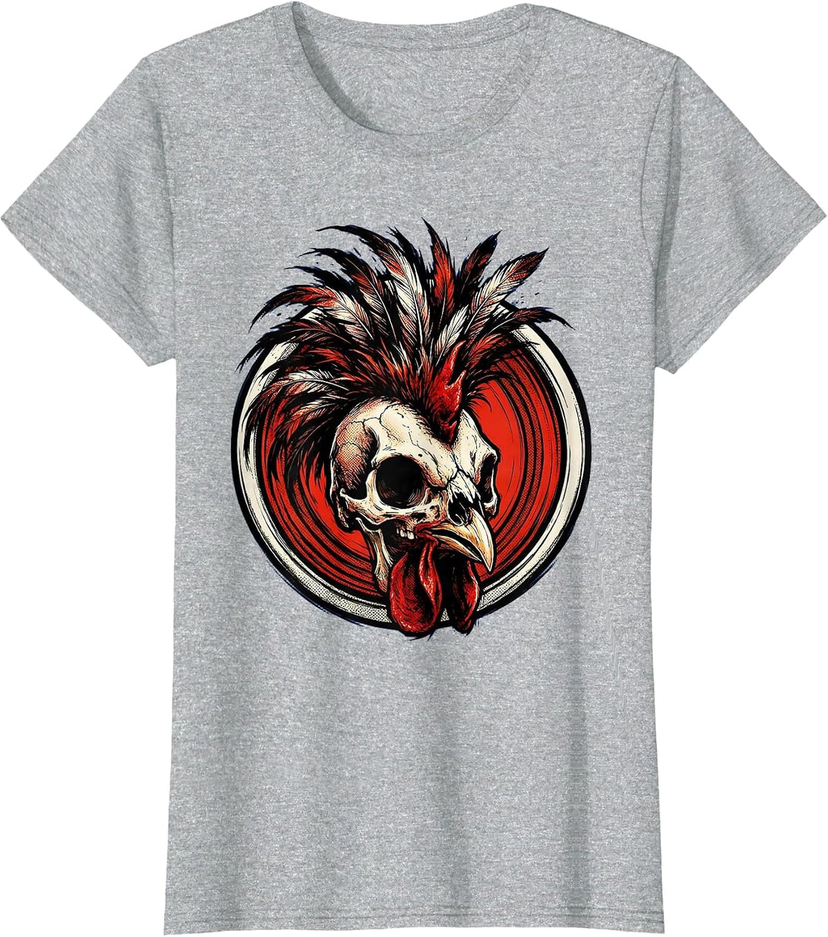 Rooster Skull Feathered Mohawk Dark Art Design T-Shirt - Heather Grey