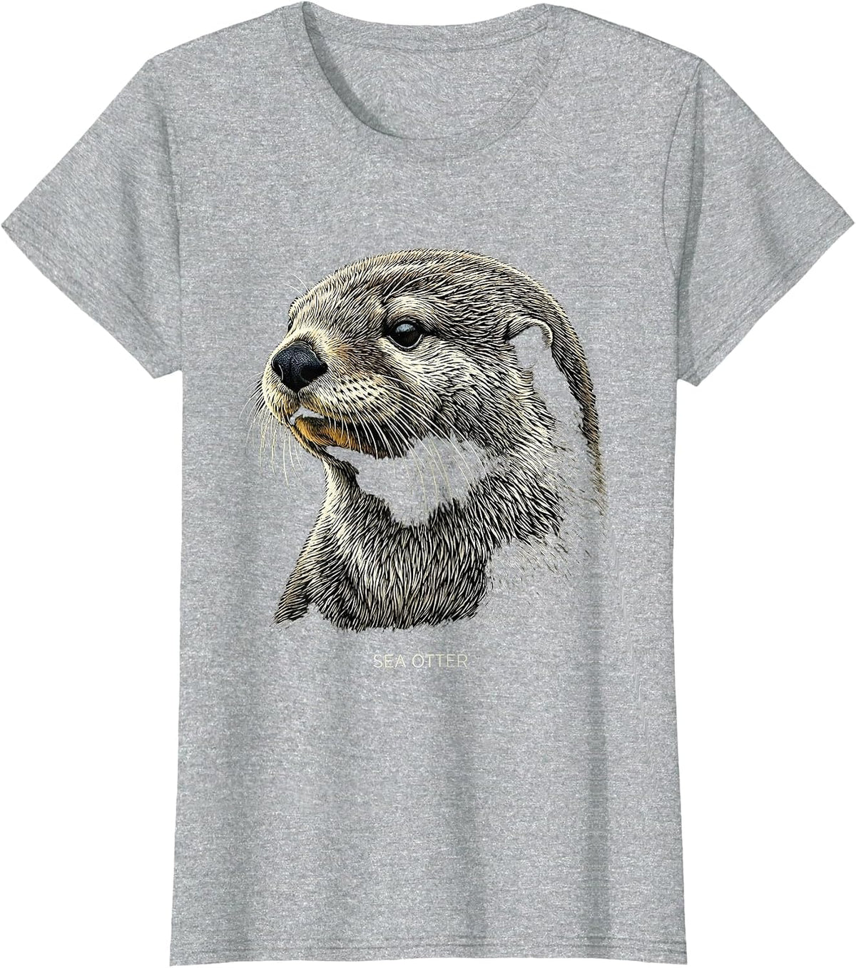 Sea Otter Woodcut Engraving Wildlife Portrait Nature Art T-Shirt - Heather Grey
