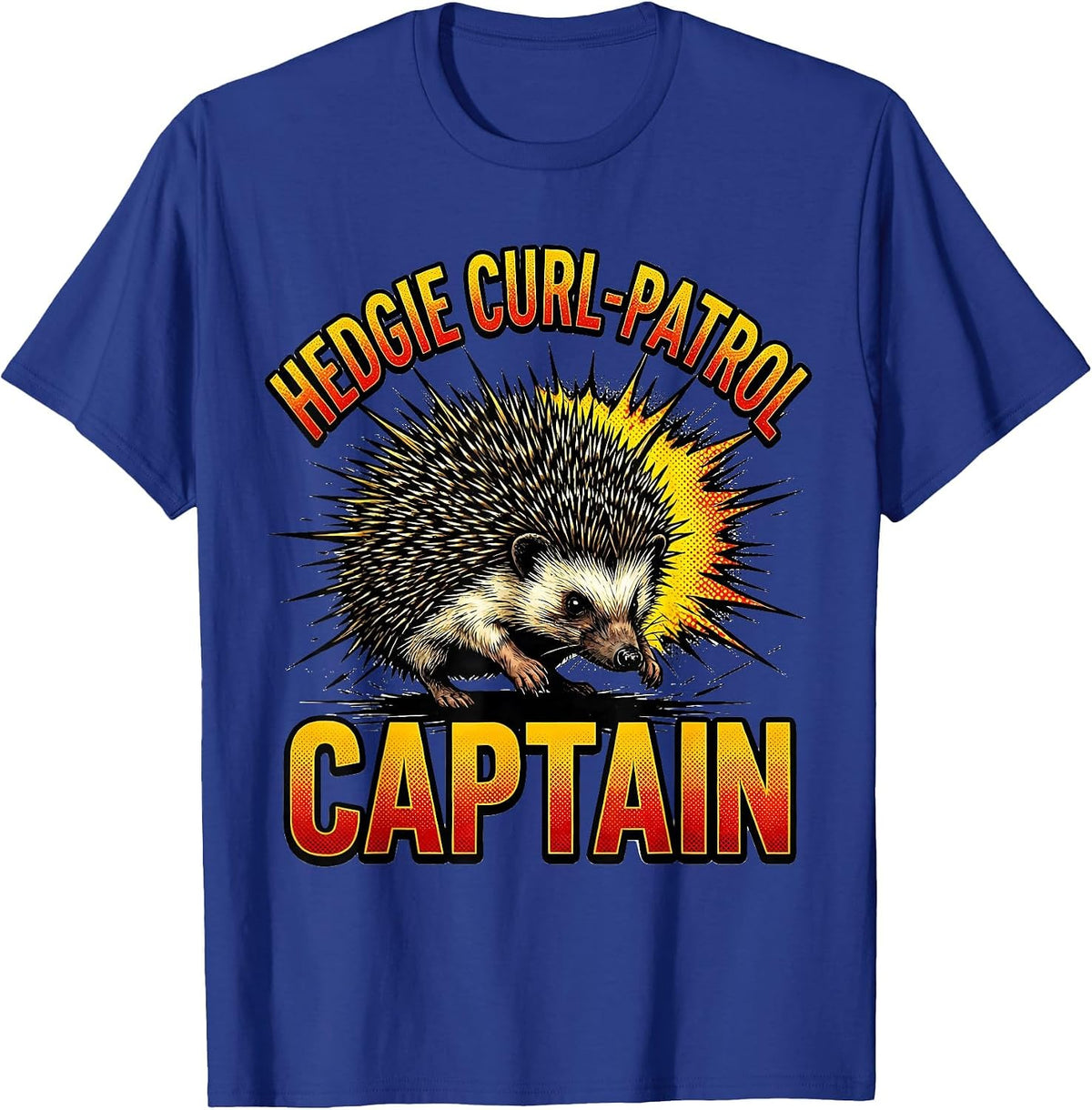 Men's Hedgie Curl-Patrol Captain Cute Cartoon Hedgehog Lover Humor T-Shirt - Royal Blue
