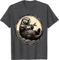 Men's Otter Floating on Back Holding Fish Illustration T-Shirt - Dark Heather Grey