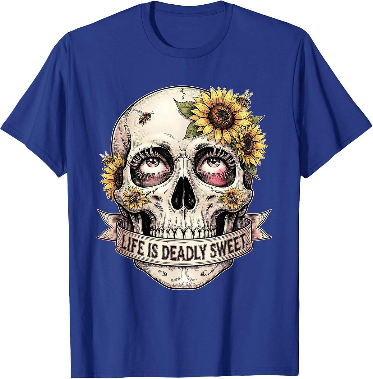 Sweet Death Dia de los Muertos Skull Sunflowers T-Shirt - Royal Blue