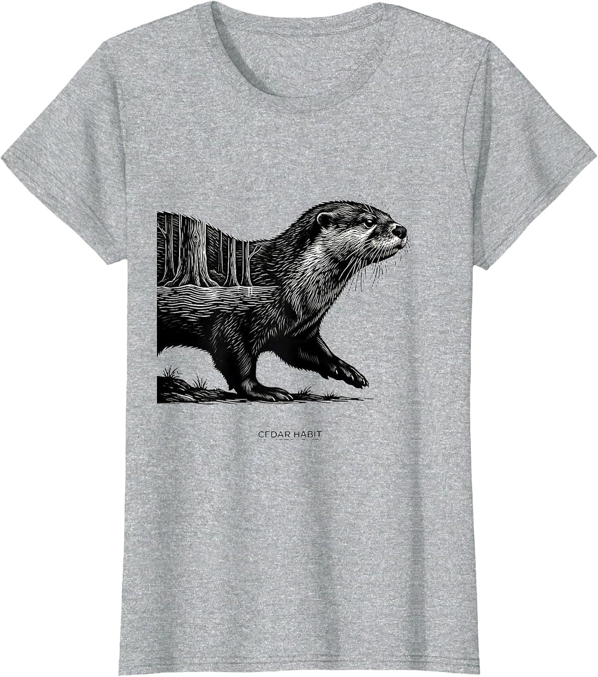 Women's Cedar Habit Scratchboard River Otter Forest Wildlife Nature T-Shirt - Heather Grey