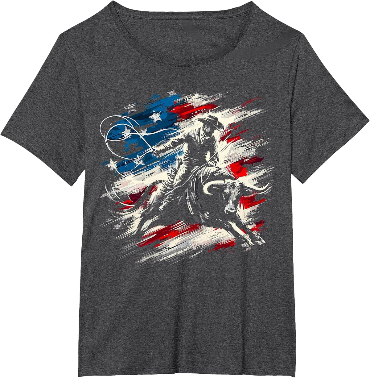 Rodeo Cowboy Bull Riding American Flag Western T-Shirt - Dark Heather Grey