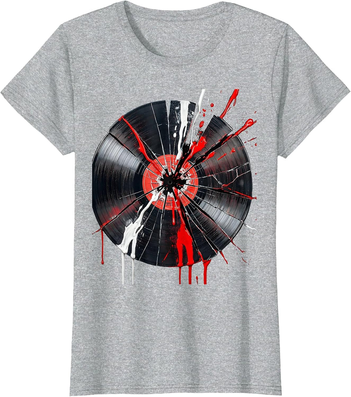 Grunge Dripping Paint Shattered Vinyl Record T-Shirt - Heather Grey