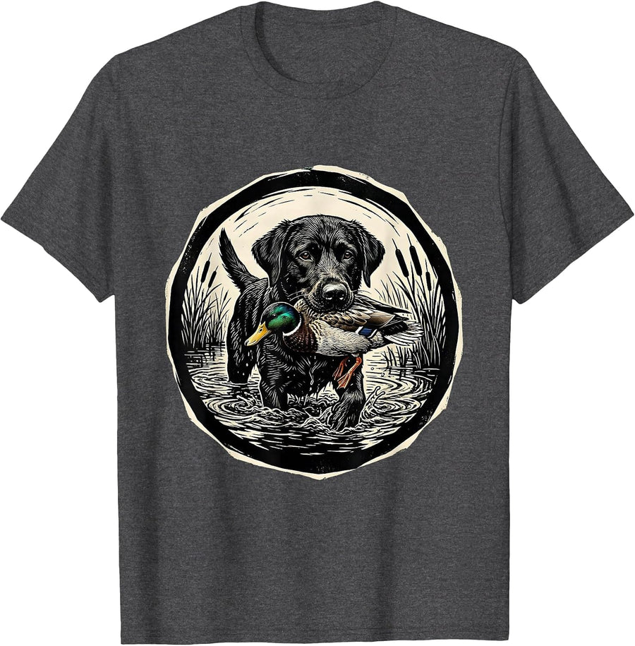 Men's Hunting Dog Duck Retriever Illustration T-Shirt - Dark Heather Grey