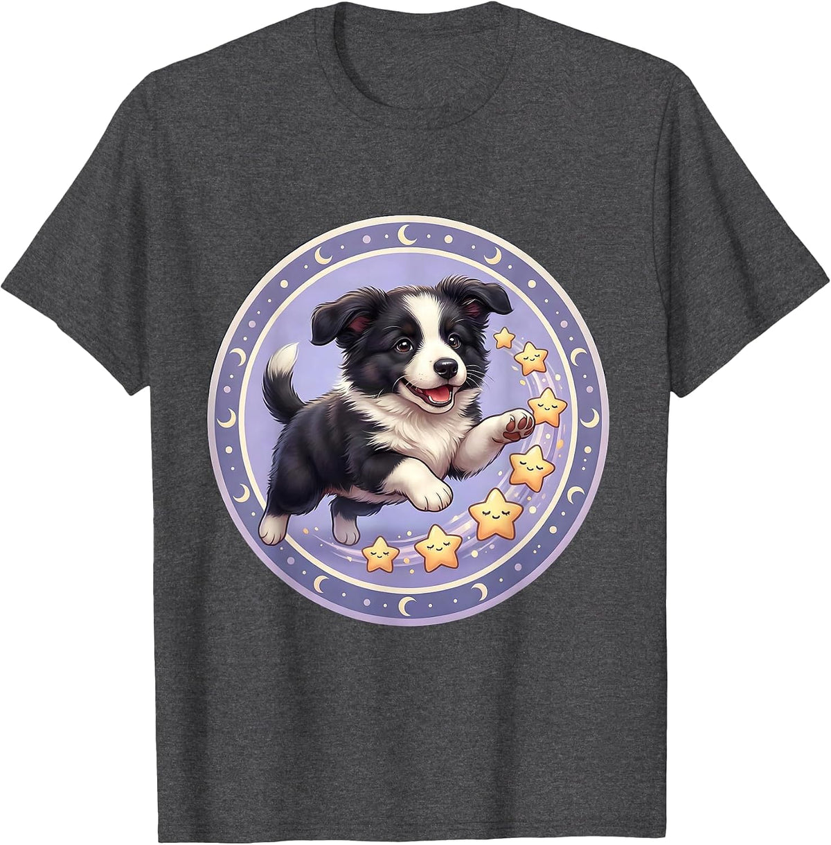 Border Collie Herding Stars Across the Night Sky T-Shirt - Dark Heather Grey