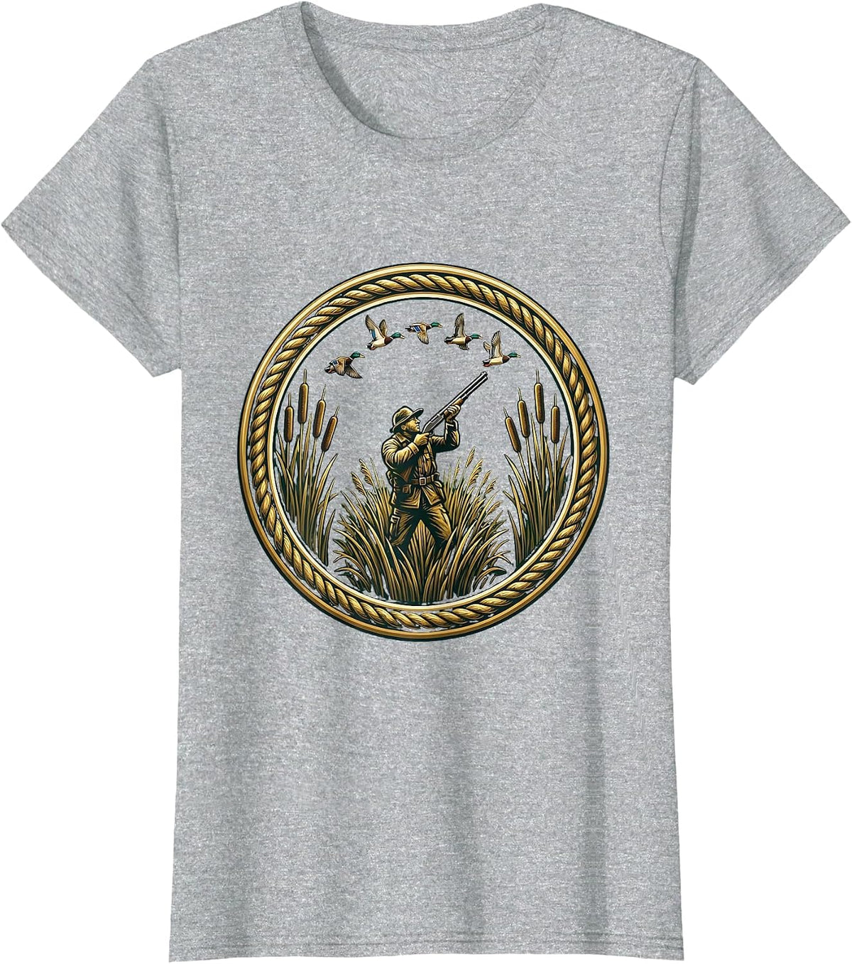 Camo Duck Hunter Rising From Marsh Reeds T-Shirt - Heather Grey