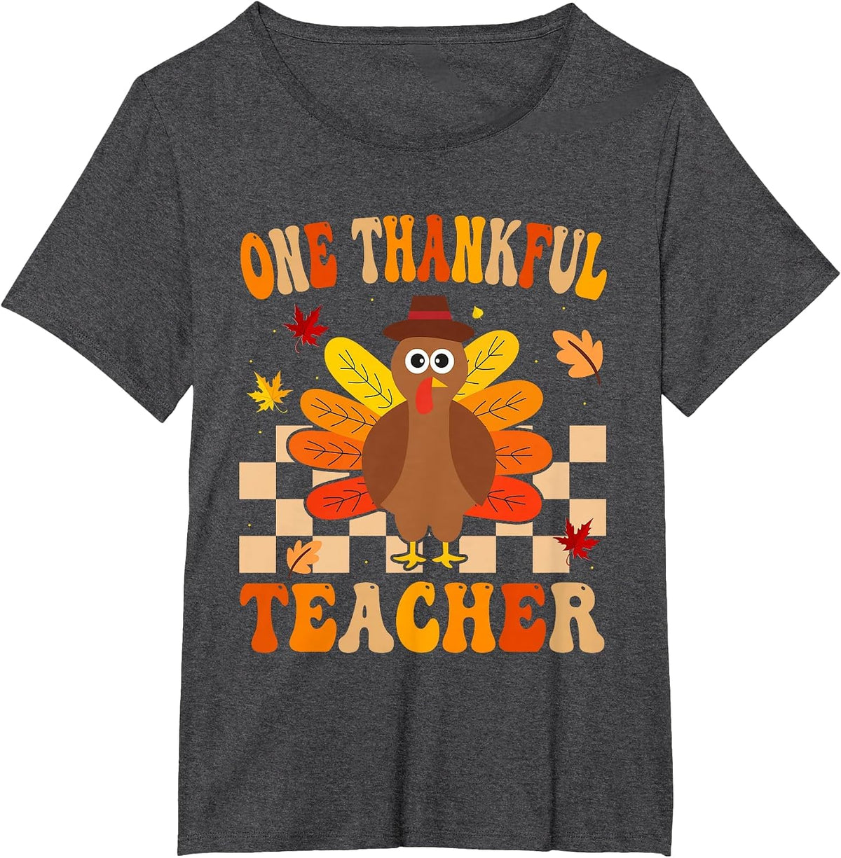 One Thankful Teacher Thanksgiving Turkey T-Shirt - Dark Heather Grey