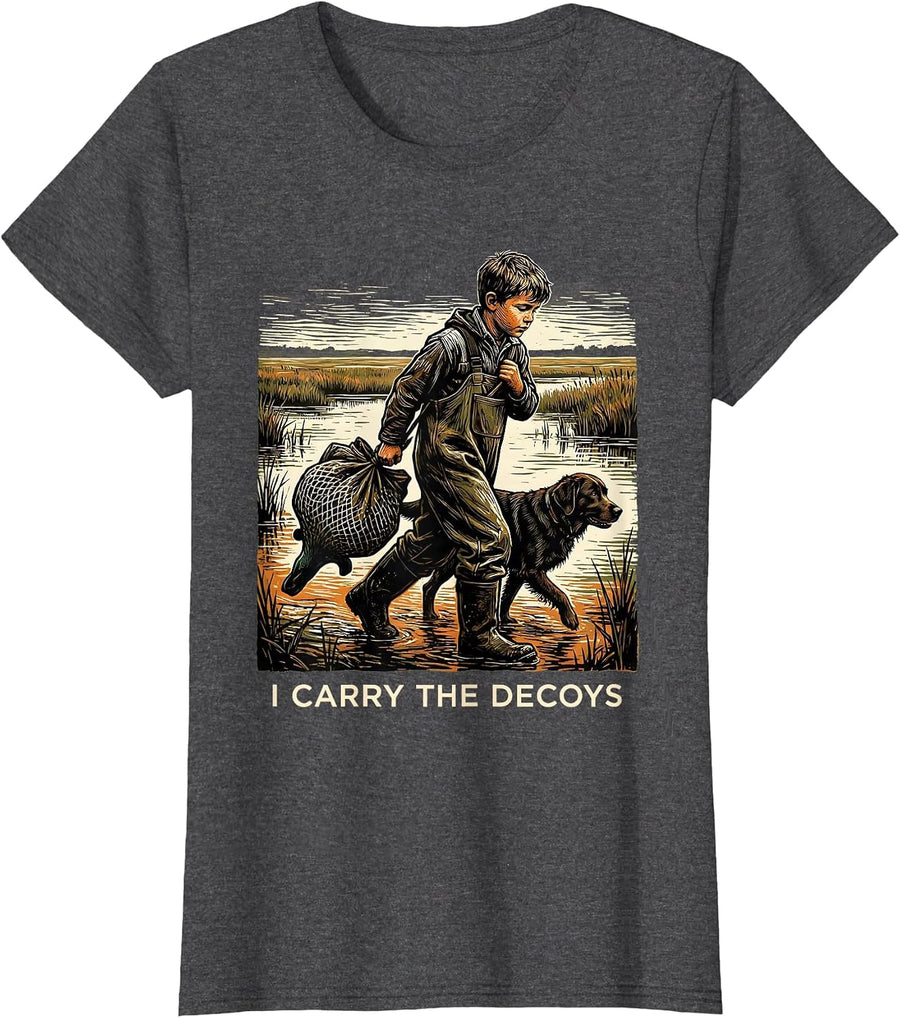 Women's I CARRY THE DECOYS Funny Waterfowl Hunter Retriever Humor T-Shirt - Dark Heather Grey