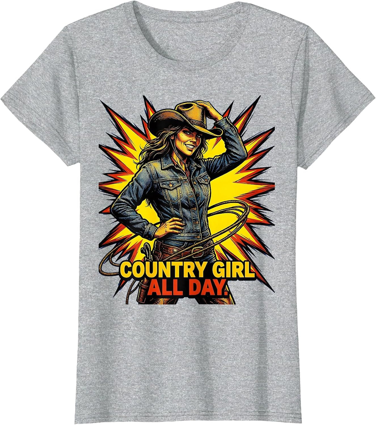 Country Girl All Day Cowgirl Design T-Shirt - Heather Grey
