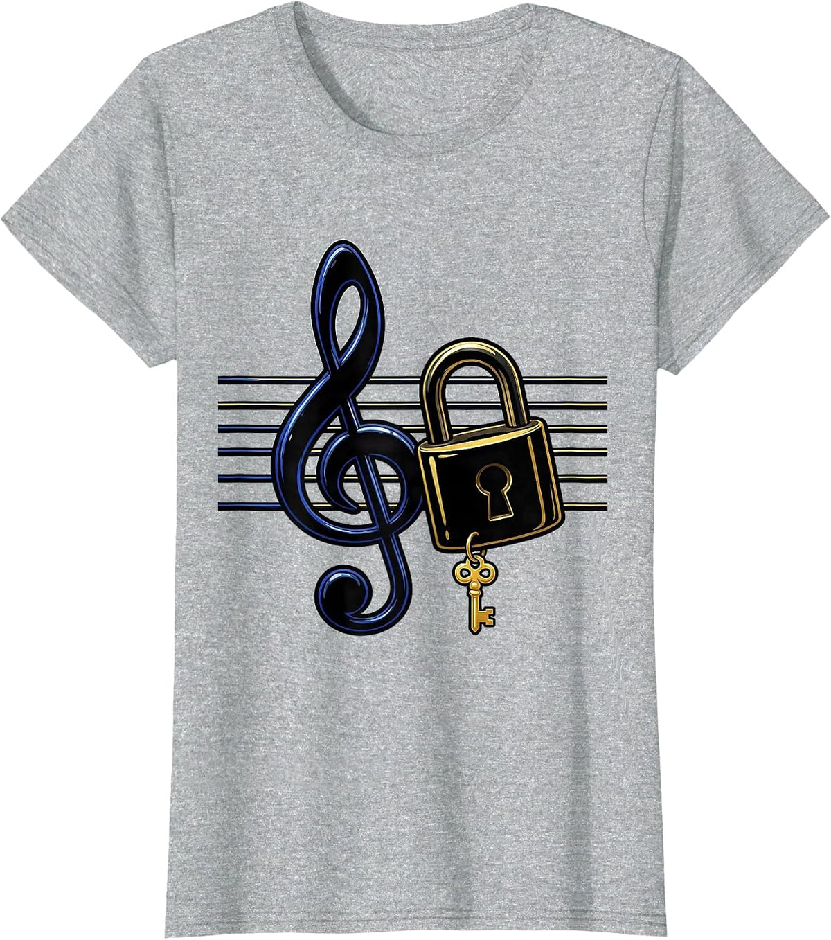 Cartoon Treble Clef Padlock Music Lover Humor T-Shirt - Heather Grey
