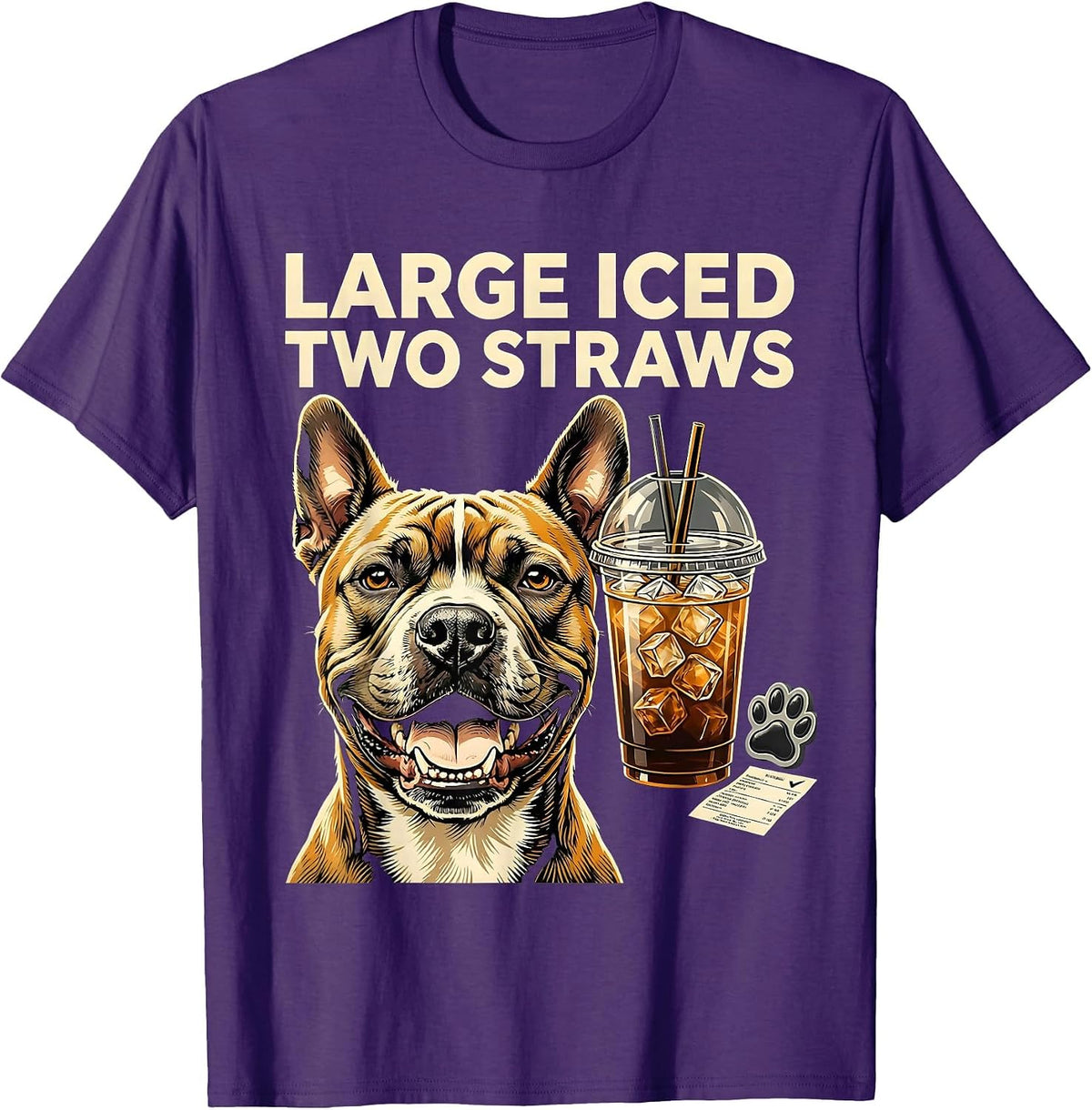 Men's Large Iced Two Straws Funny Pitbull Drinking Iced Coffee T-Shirt - Purple