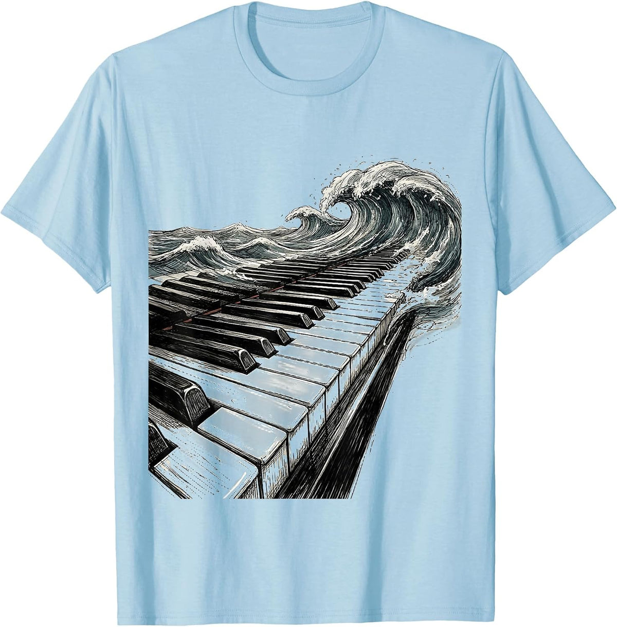 Men's Piano Keys Ocean Waves Music Teacher Design T-Shirt - Baby Blue