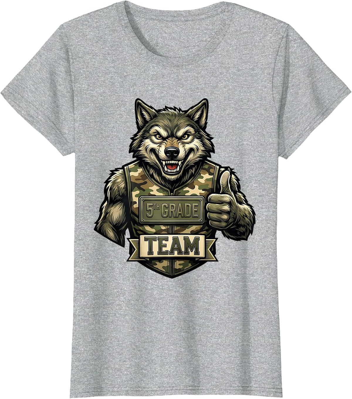 Women's 5TH GRADE TEAM Retro Camo Wolf Back To School Boy T-Shirt - Heather Grey