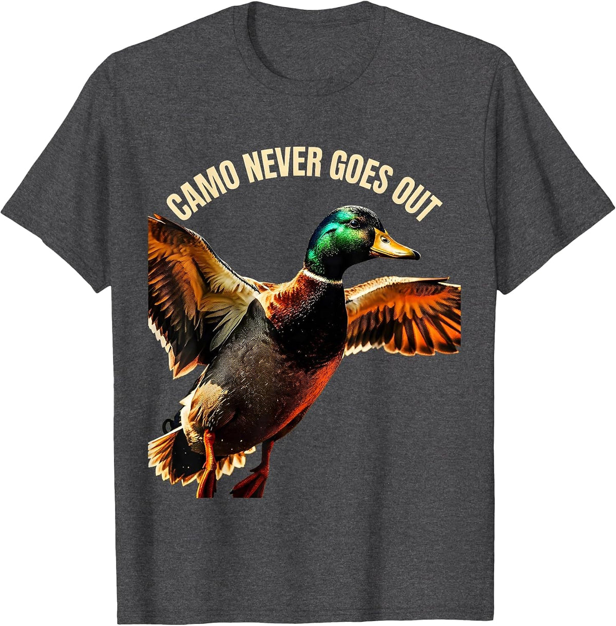 Duck Camo Never Goes Out Hunting Design T-Shirt - Dark Heather Grey