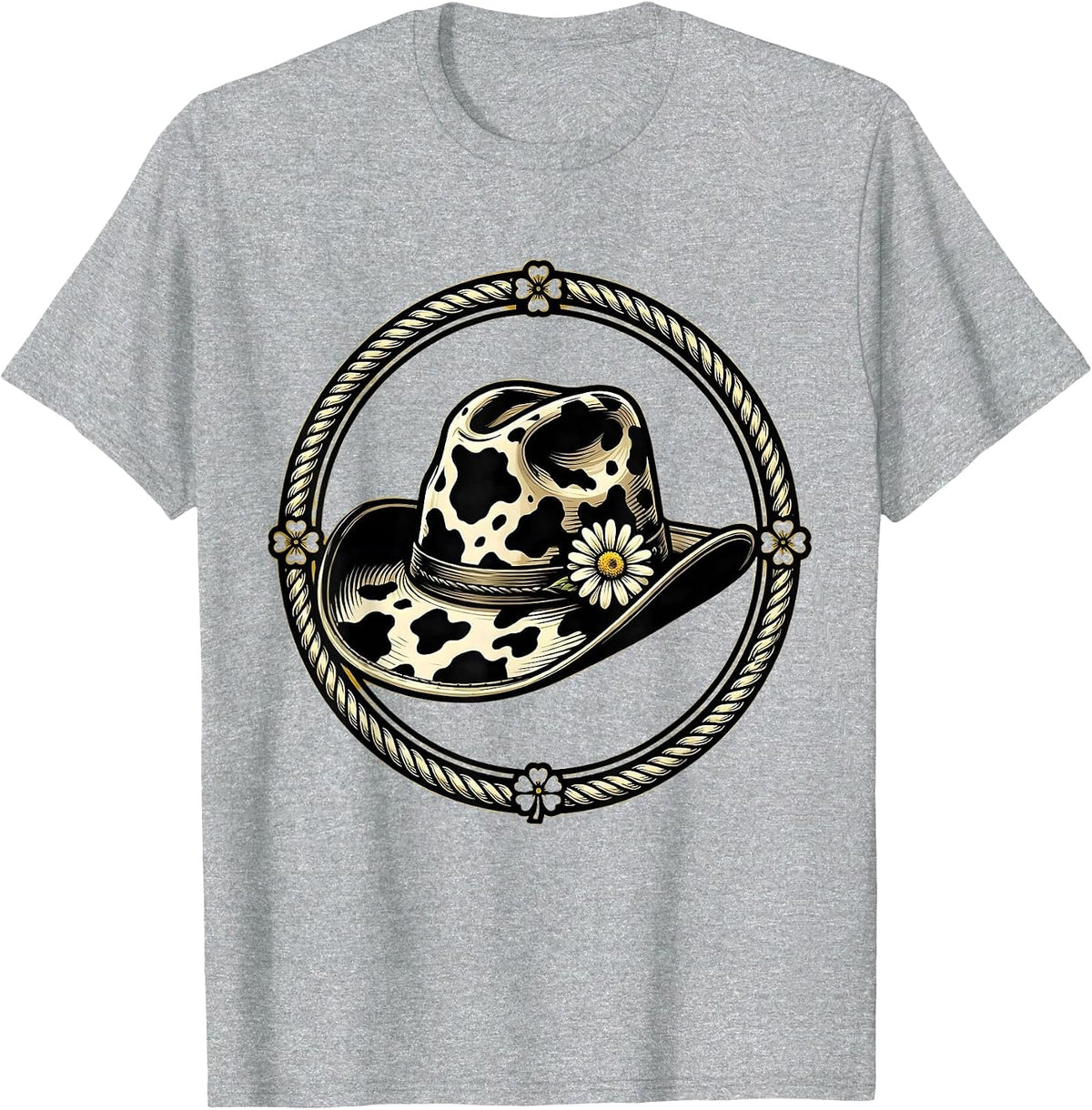 Men's Cow Print Cowboy Hat With Daisy Illustration T-Shirt - Heather Grey