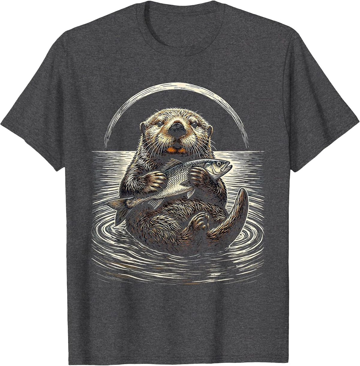 Otter Floating On Back Holding Fish Illustration T-Shirt - Dark Heather Grey
