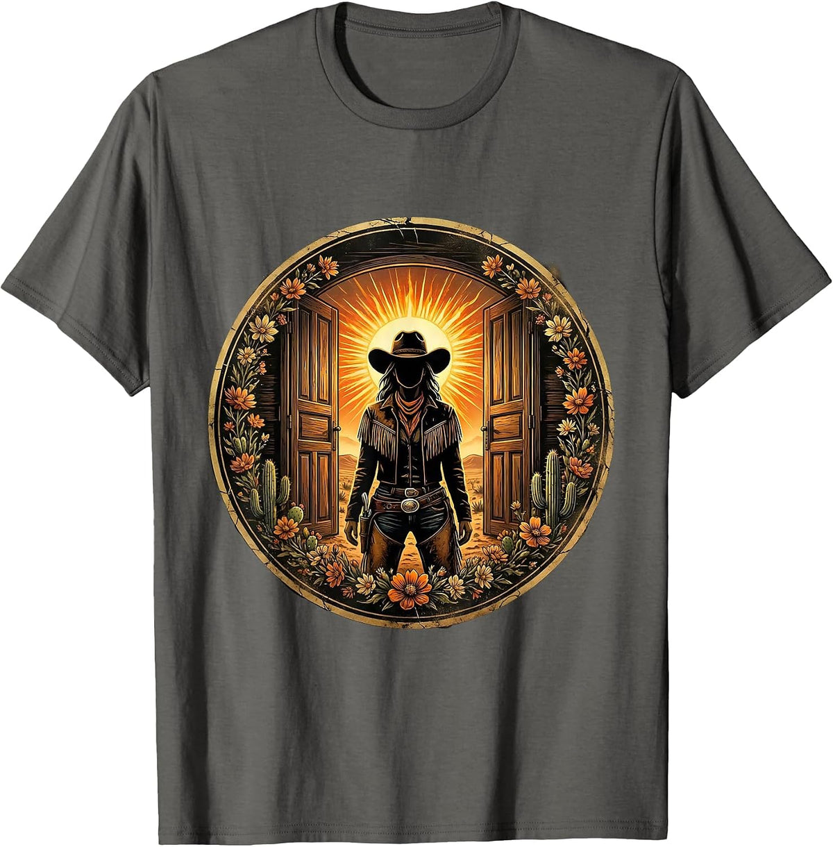 Men's Cowgirl Saloon Doorway Western Noon Illustration T-Shirt - Asphalt Grey