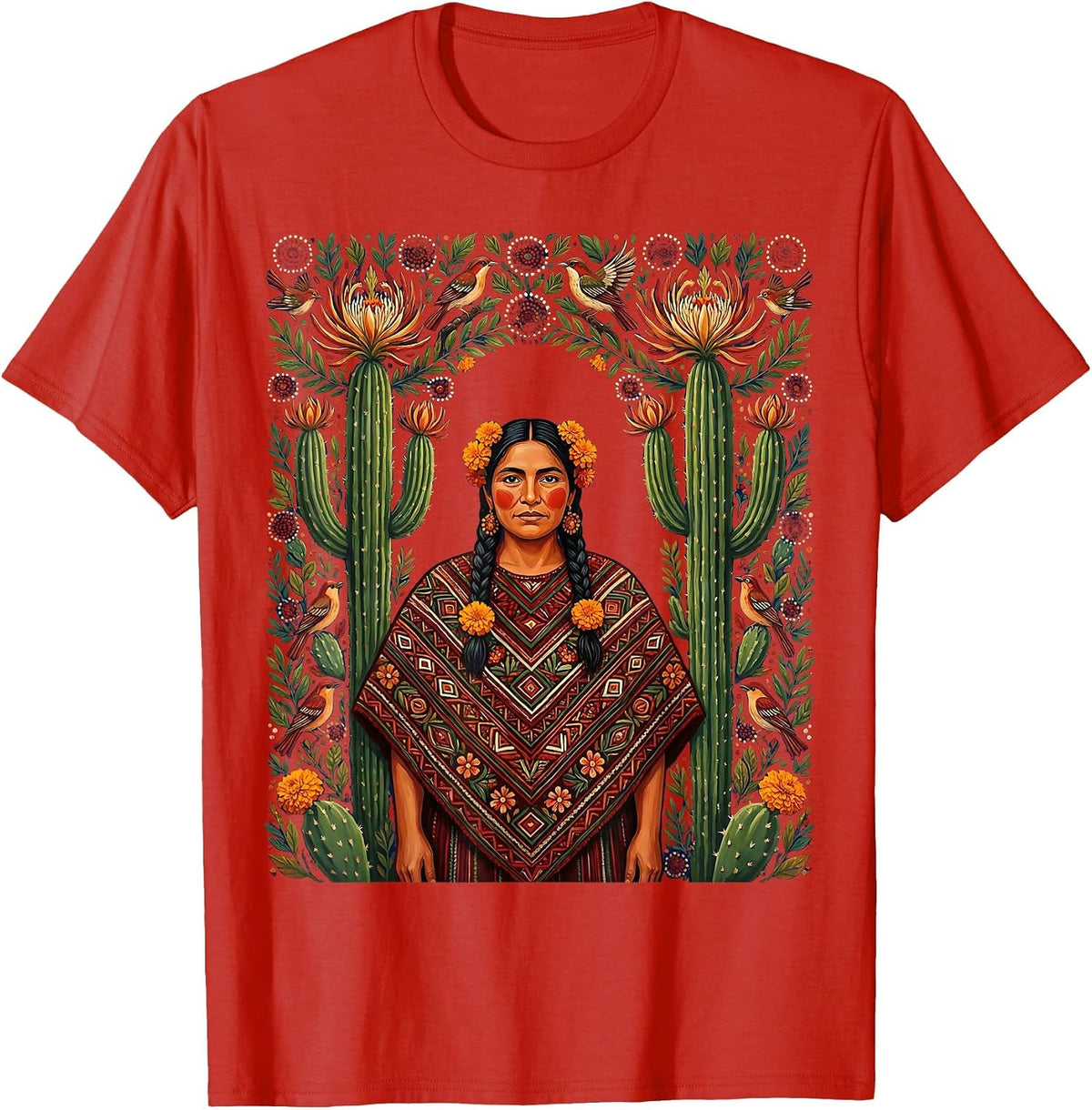 Men's Mexican Woman in Quechquemitl Cactus Bloom Art T-Shirt - Red