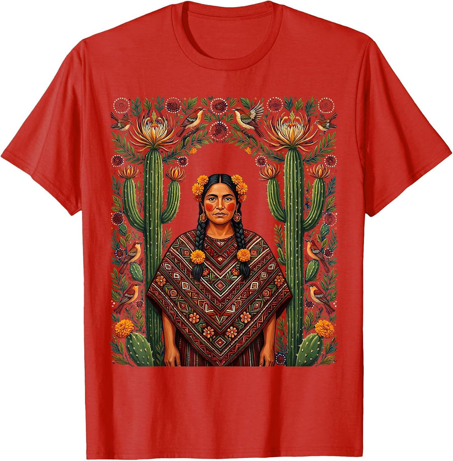 Men's Mexican Woman in Quechquemitl Cactus Bloom Art T-Shirt - Red