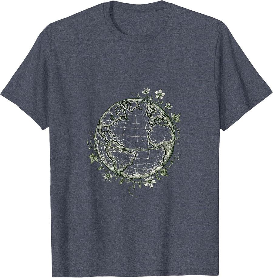 Elementary Teacher Globe Ivy and Flowers Design T-Shirt - Heather Blue