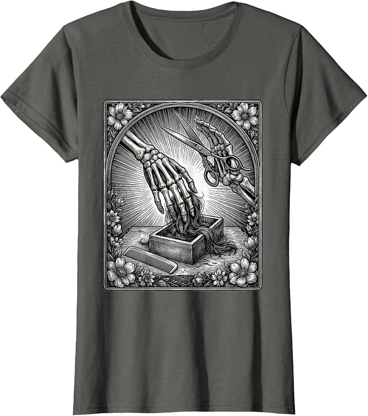 Women's Skeleton Tarot Hair Stylist Halloween Barber Gift T-Shirt - Asphalt Grey