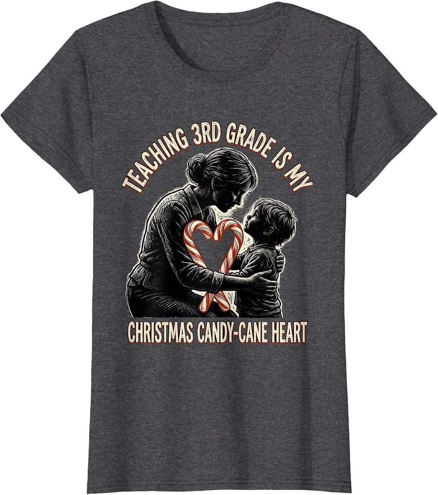 Women's Teaching 3rd Grade Is My Christmas Candy-Cane Heart Teacher T-Shirt - Dark Heather Grey