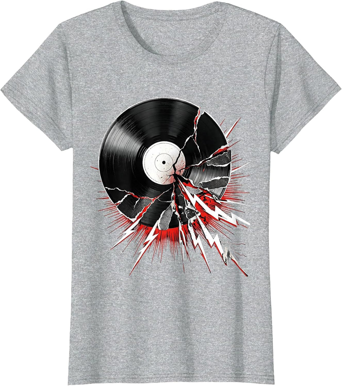 Vinyl Record Melting Into Lightning Bolts Art T-Shirt - Heather Grey