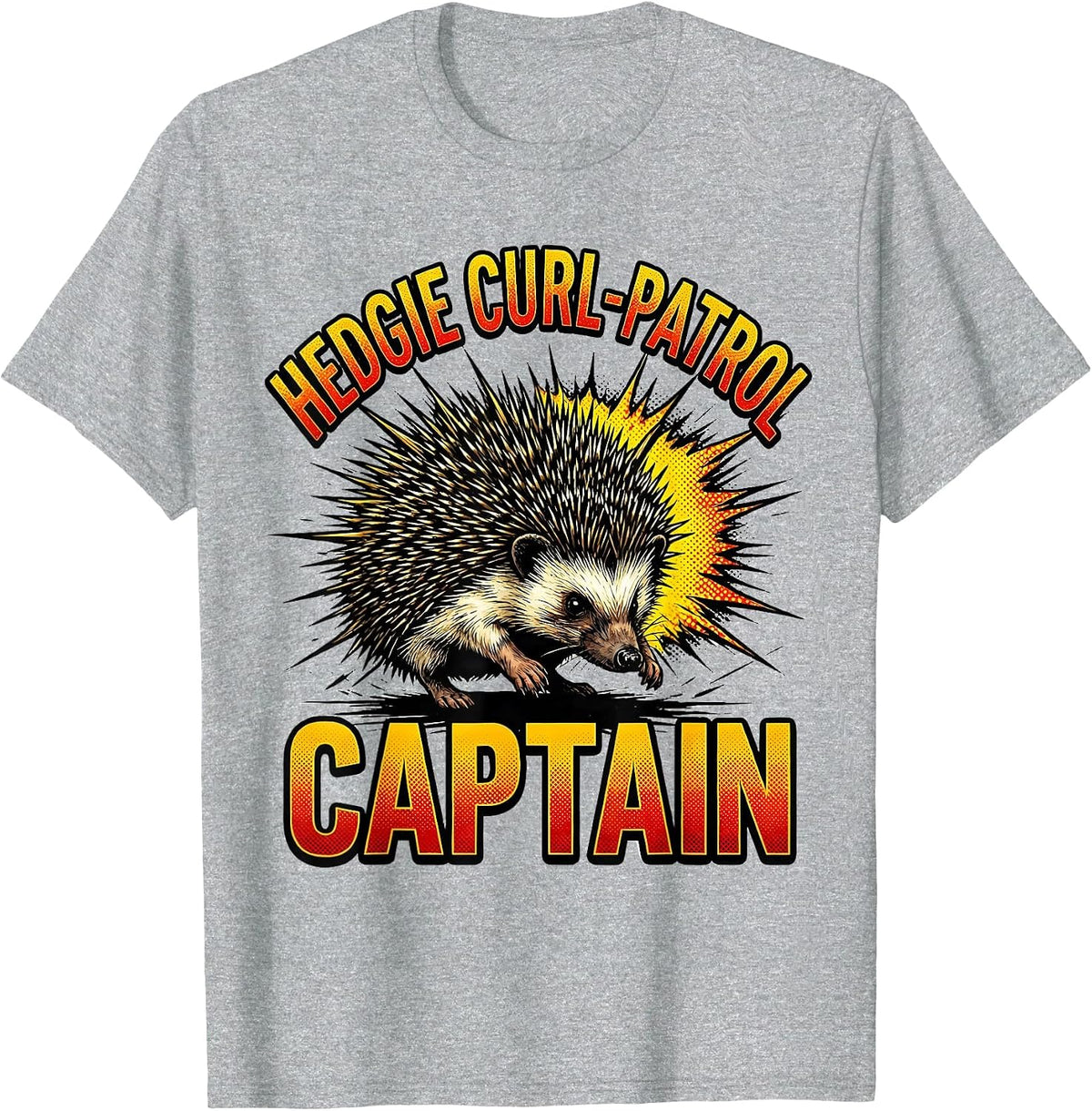 Men's Hedgie Curl-Patrol Captain Cute Cartoon Hedgehog Lover Humor T-Shirt - Heather Grey