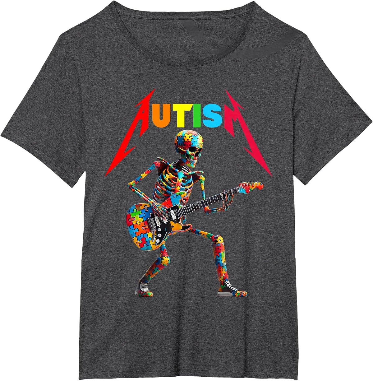 Autism Skeleton Guitar Rock Music Lover Autism Awareness T-Shirt - Dark Heather Grey