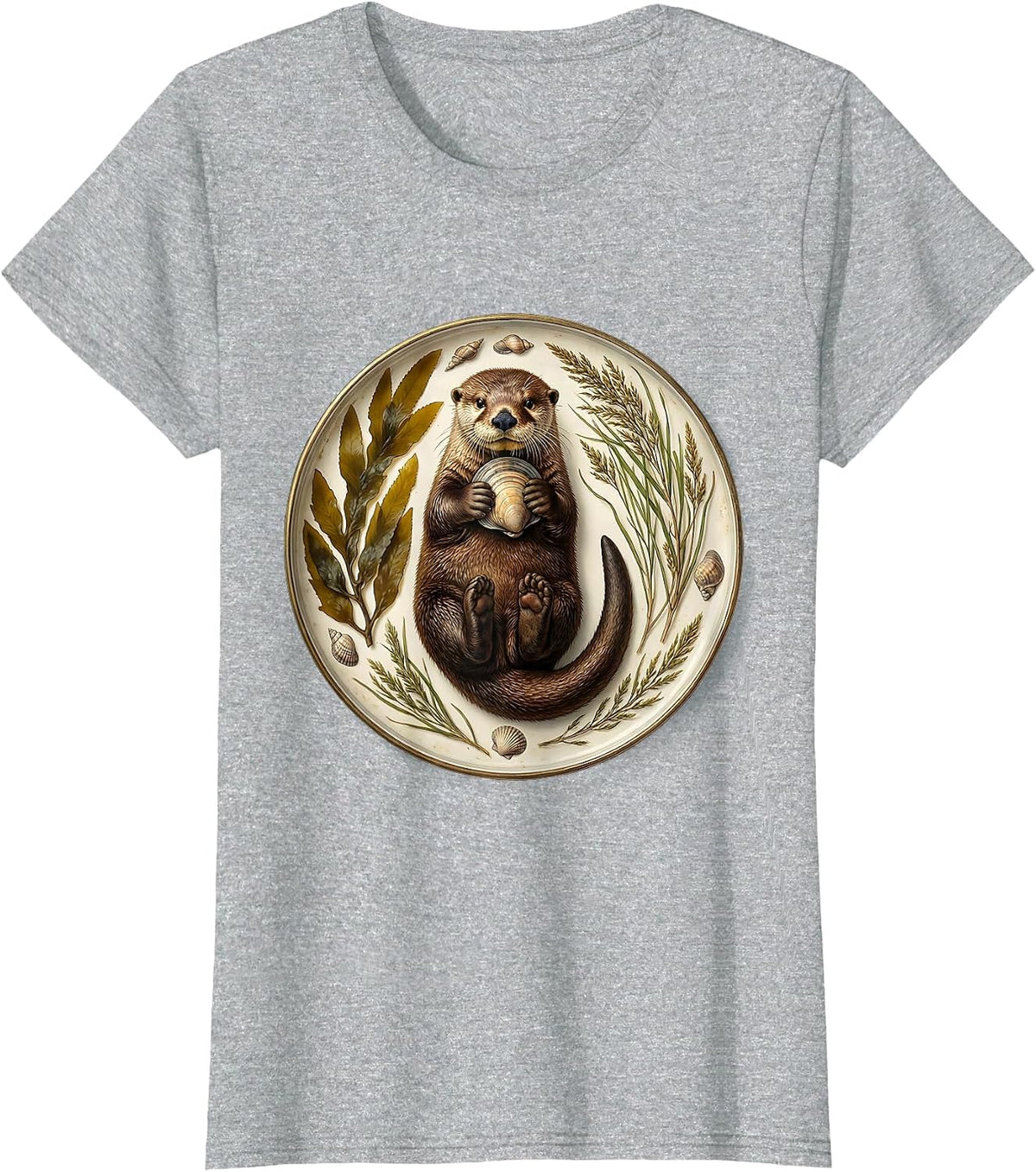 Otter Cracking Clam at Sunset Graphic T-Shirt - Heather Grey