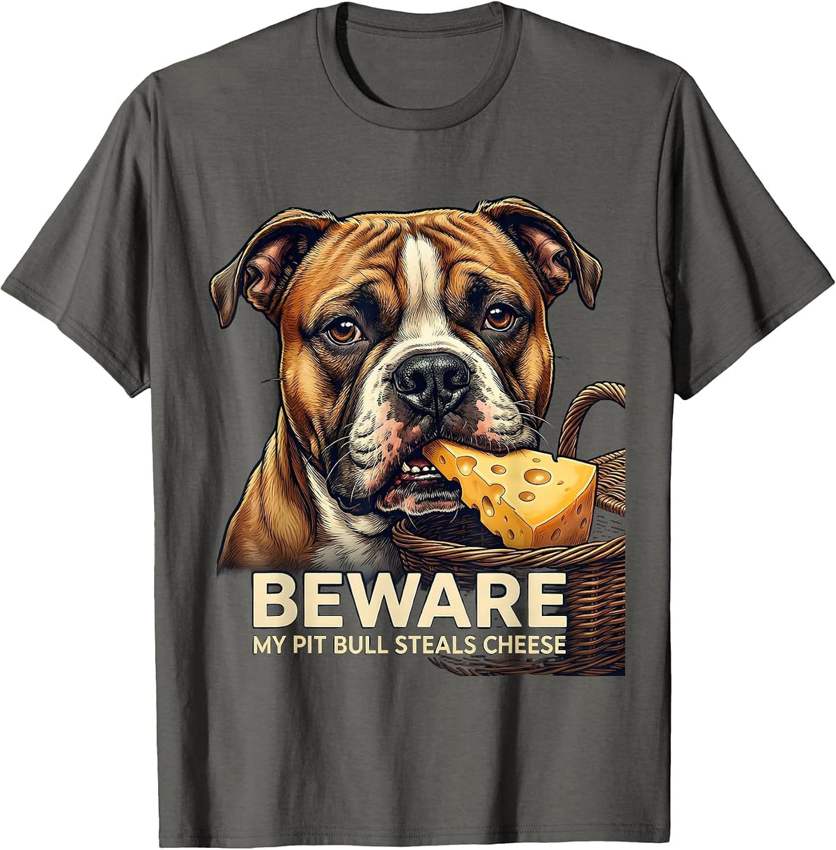 Men's Beware, My Pit Bull Steals Cheese Funny Pitbull Mom Dog T-Shirt - Asphalt Grey